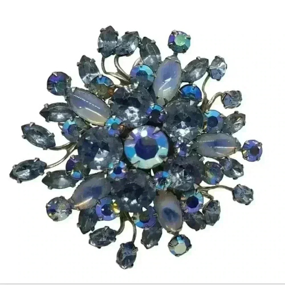 Vintage Blue Brooch Rhinestone & Moonstone Beau Judy Lee Spray Large Statement - Picture 1 of 8